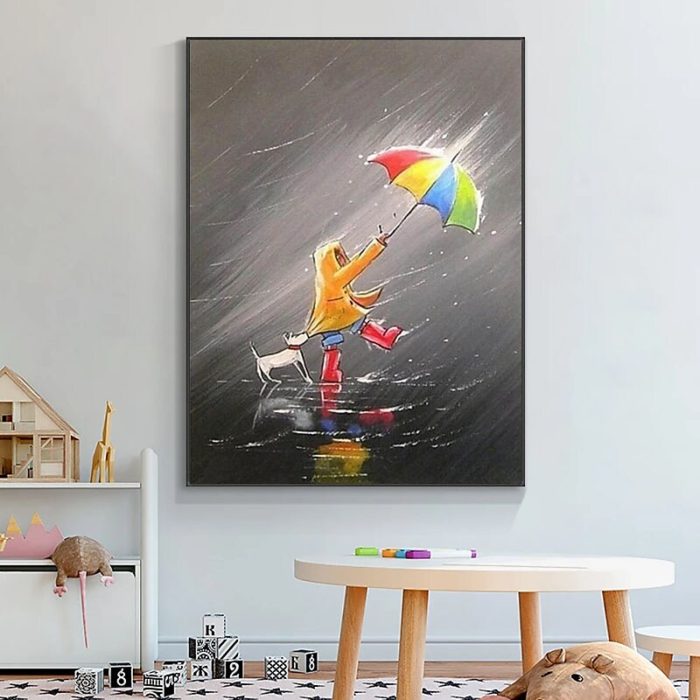 Abstract Child Dog Umbrella Paintings Childlike Canvas Art Deco