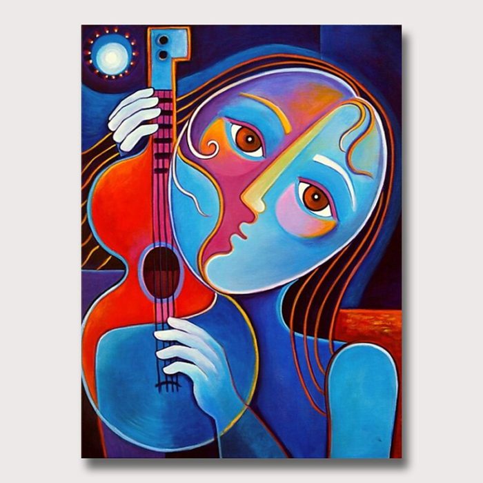 Abstract Girl Playing Guitar Canvas Artwork Blue Handmade Painting - Image 2