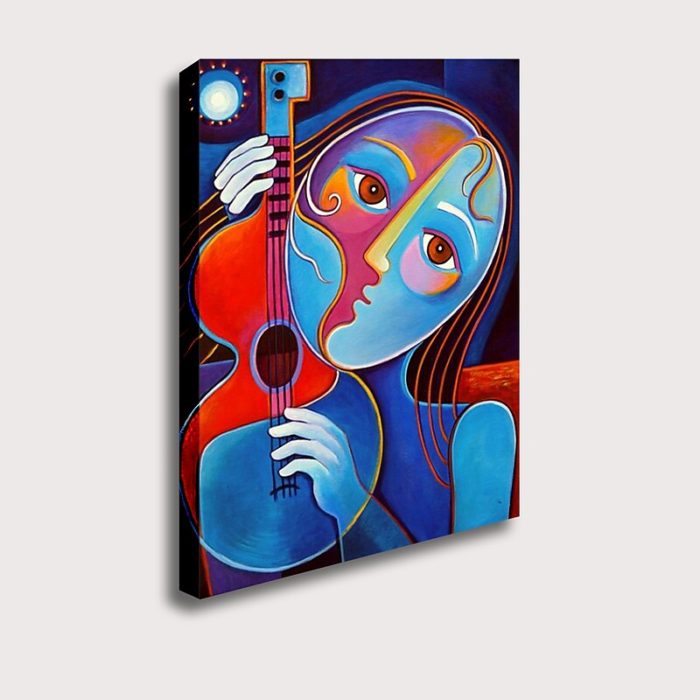 Abstract Girl Playing Guitar Canvas Artwork Blue Handmade Painting - Image 3