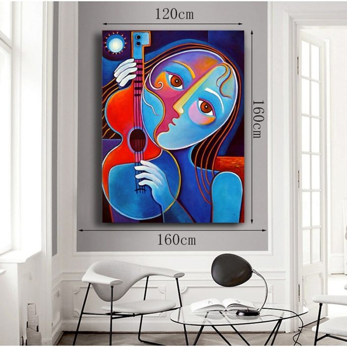 Abstract Girl Playing Guitar Canvas Artwork Blue Handmade Painting