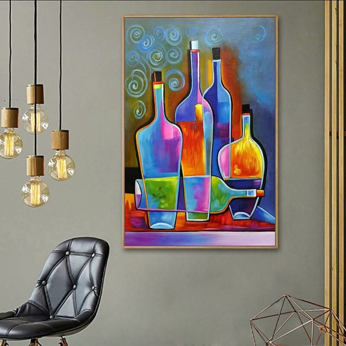 Abstract Red Wine Bottle Paintings Still Life Handmade Canvas Art - Image 5
