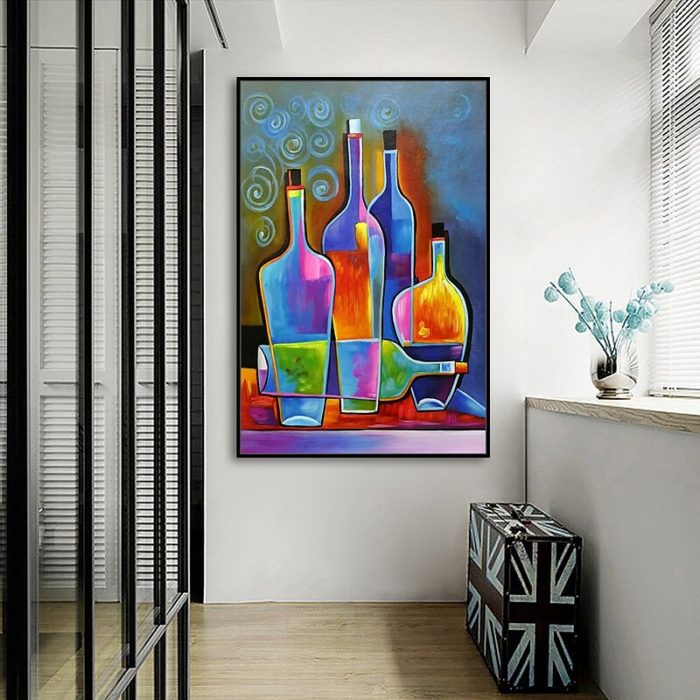 Abstract Red Wine Bottle Paintings Still Life Handmade Canvas Art - Image 6
