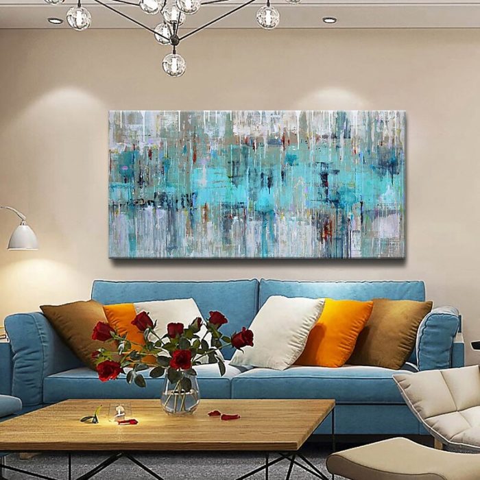 Abstract Teal Grey Texture Canvas Oil Painting For Living Room - Image 5