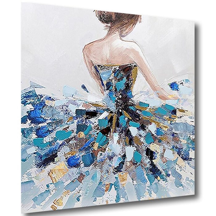Beautiful Girl Back Painting Blue Textured Skirt Square Artwork - Image 3