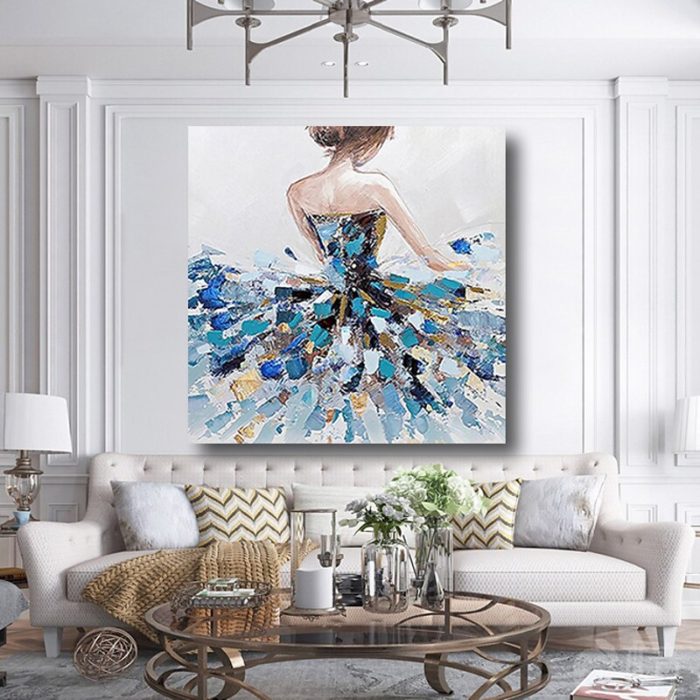 Beautiful Girl Back Painting Blue Textured Skirt Square Artwork - Image 5