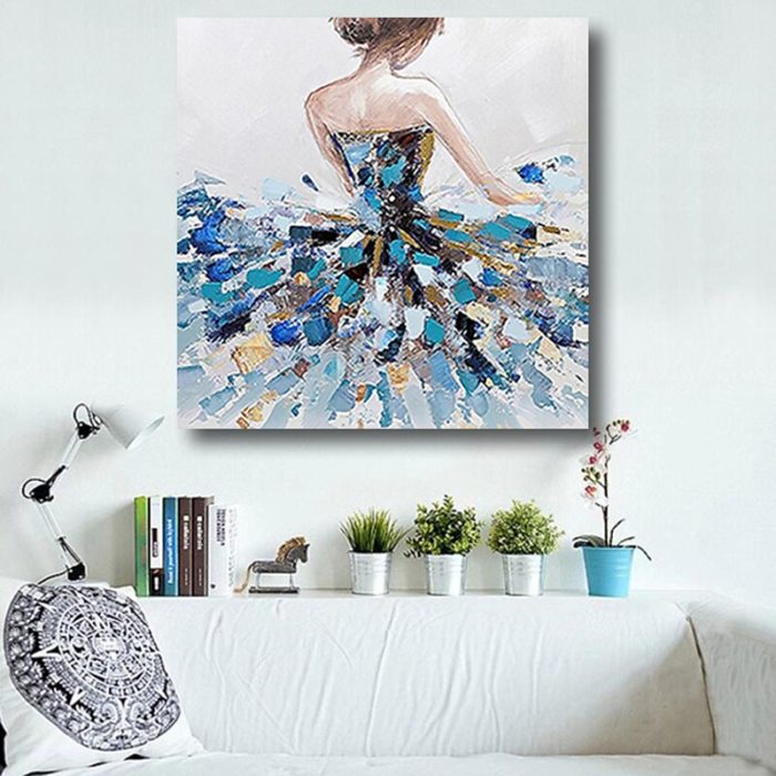 Beautiful Girl Back Painting Blue Textured Skirt Square Artwork - Image 7