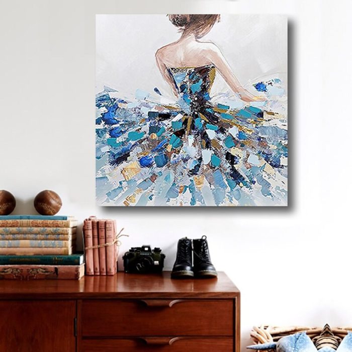 Beautiful Girl Back Painting Blue Textured Skirt Square Artwork - Image 6