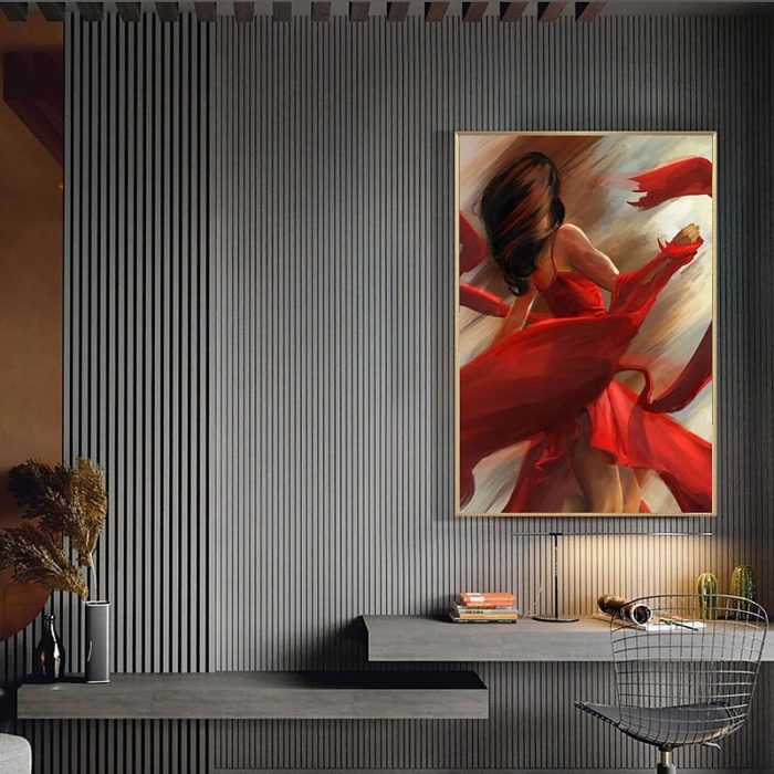 Beautiful Lady Canvas Wall Art Red Midi Dresses Painting Decor Wall - Image 5