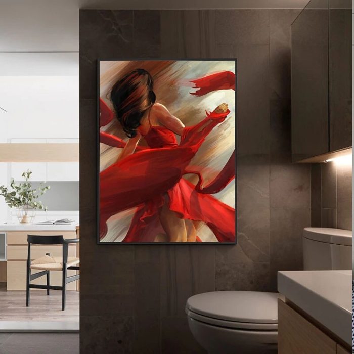 Beautiful Lady Canvas Wall Art Red Midi Dresses Painting Decor Wall - Image 3