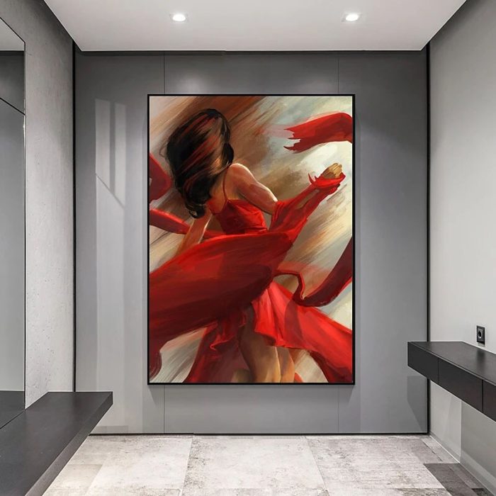 Beautiful Lady Canvas Wall Art Red Midi Dresses Painting Decor Wall - Image 4