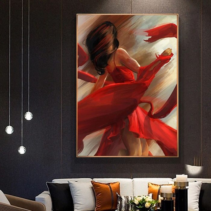 Beautiful Lady Canvas Wall Art Red Midi Dresses Painting Decor Wall