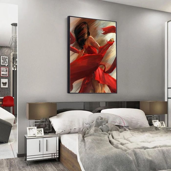Beautiful Lady Canvas Wall Art Red Midi Dresses Painting Decor Wall - Image 6