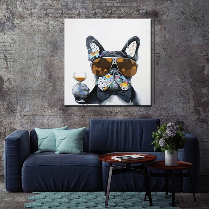 Bulldog With Sunglasses Holds Champagne Paintings Home Wall Decor