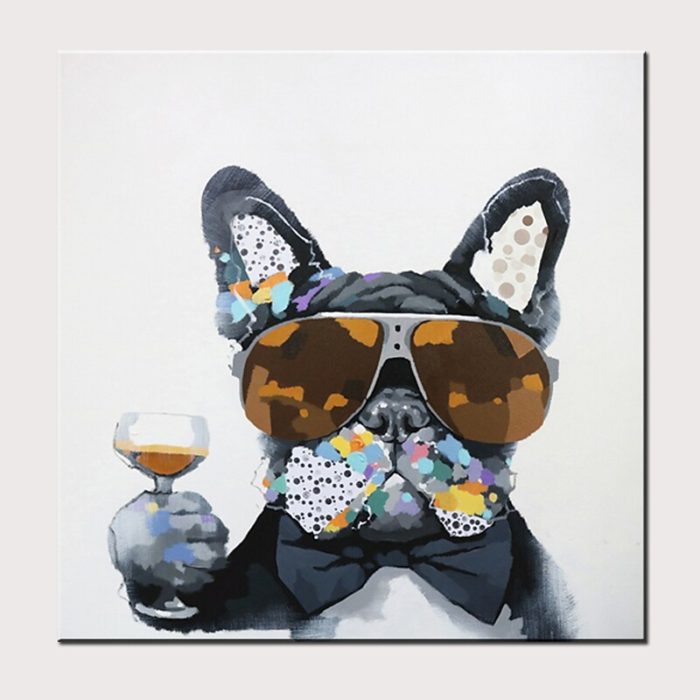 Bulldog With Sunglasses Holds Champagne Paintings Home Wall Decor - Image 2