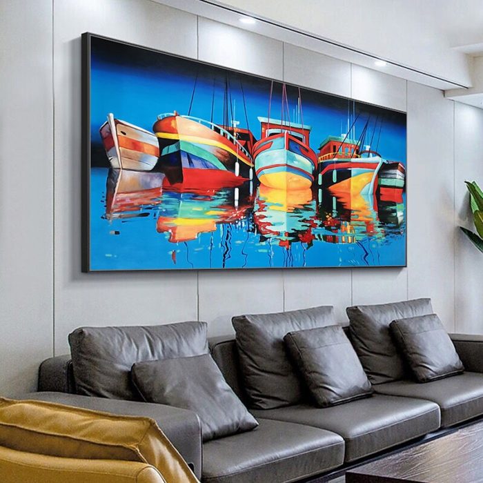Colorful Sailboats Oil Painting Blue Wall Decor For Living Room
