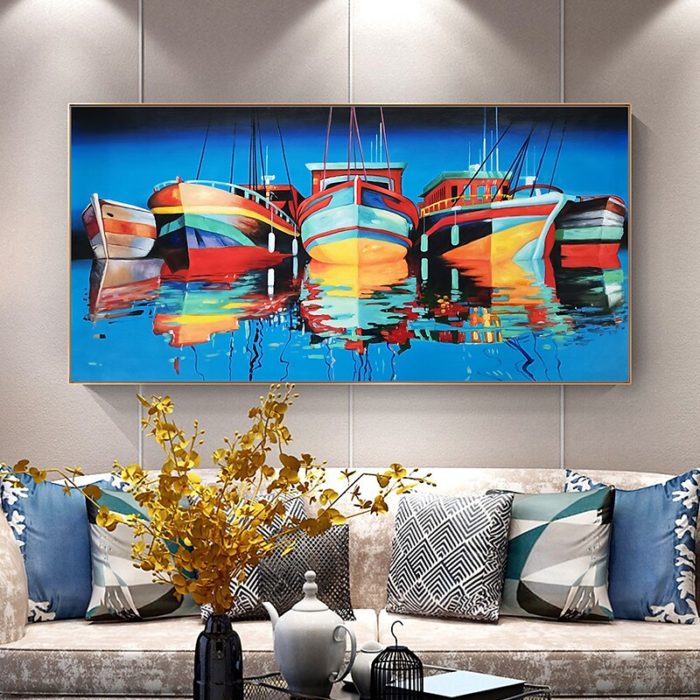 Colorful Sailboats Oil Painting Blue Wall Decor For Living Room - Image 6