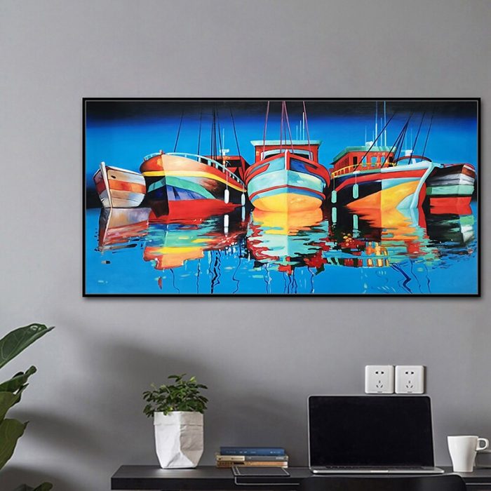 Colorful Sailboats Oil Painting Blue Wall Decor For Living Room - Image 7