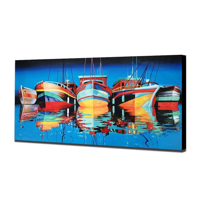 Colorful Sailboats Oil Painting Blue Wall Decor For Living Room - Image 4