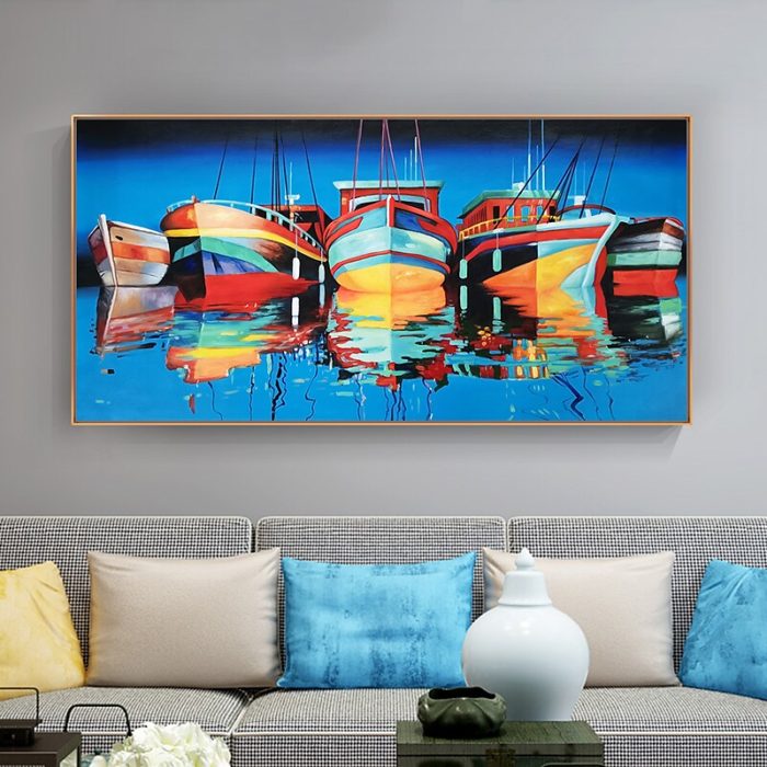 Colorful Sailboats Oil Painting Blue Wall Decor For Living Room - Image 5