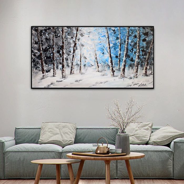 Forest Landscape Painting Grey White Blue Artwork For Home & Office - Image 3