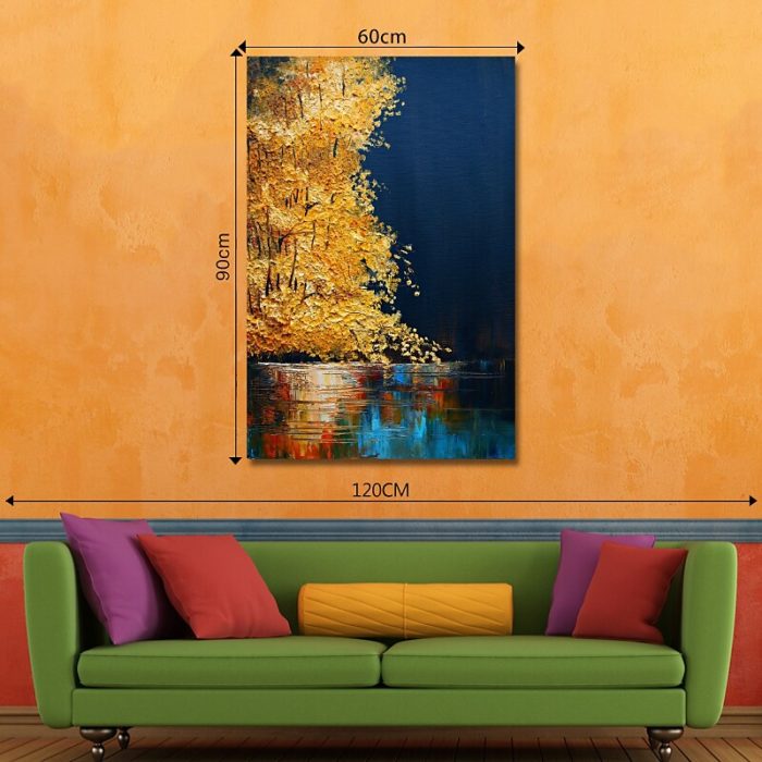 Forest Reflect In Water Oil Painting Yellow Blue Canvas Wall Art
