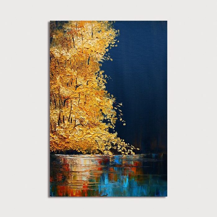 Forest Reflect In Water Oil Painting Yellow Blue Canvas Wall Art - Image 2