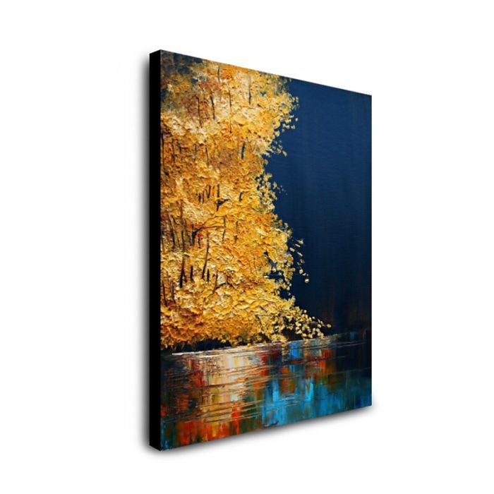 Forest Reflect In Water Oil Painting Yellow Blue Canvas Wall Art - Image 3