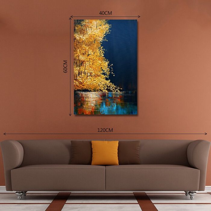 Forest Reflect In Water Oil Painting Yellow Blue Canvas Wall Art - Image 5