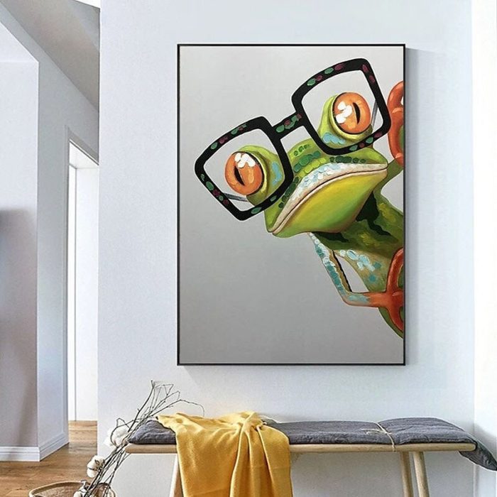 Green Frog With Glasses Abstract Oil Painting Animals Artwork - Image 4