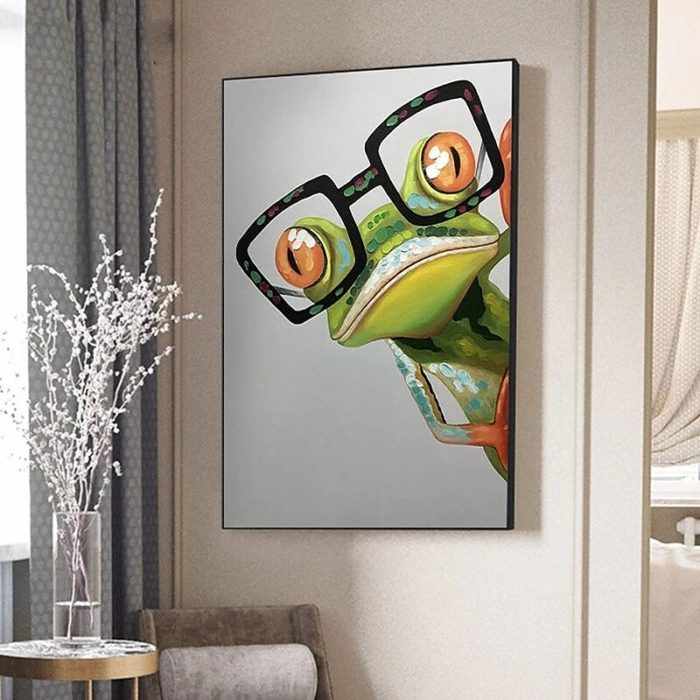 Green Frog With Glasses Abstract Oil Painting Animals Artwork - Image 3