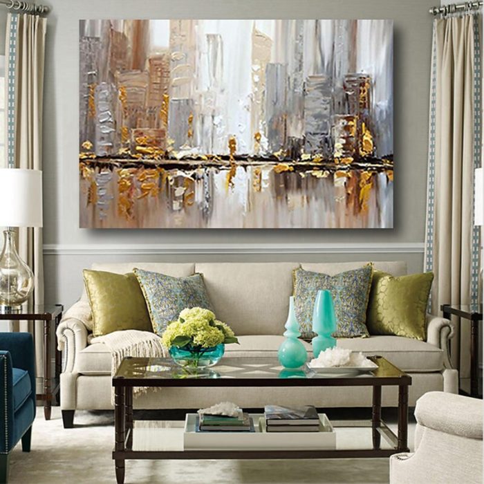 Hand Painted Abstract Cityscape Oil Painting For Living Room - Image 5