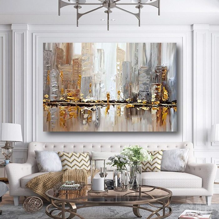 Hand Painted Abstract Cityscape Oil Painting For Living Room - Image 6