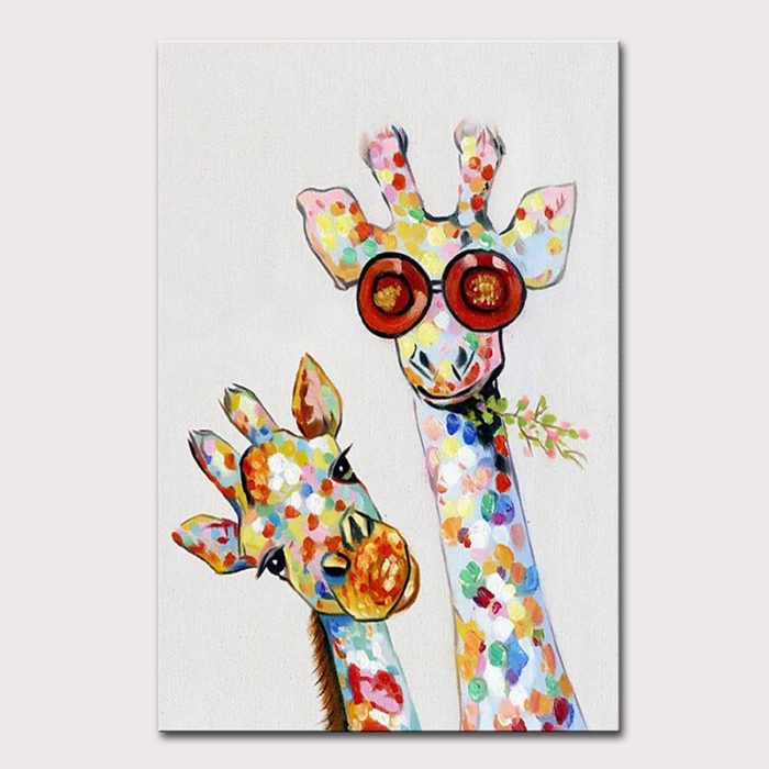 Hand Painted Modern Oil Painting Two Giraffe Eating Grass Wall Art - Image 2