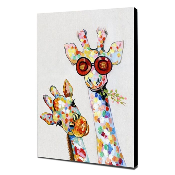 Hand Painted Modern Oil Painting Two Giraffe Eating Grass Wall Art - Image 4