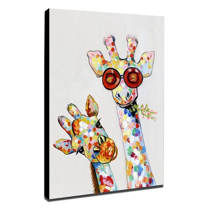 Hand Painted Modern Oil Painting Two Giraffe Eating Grass Wall Art - Image 3