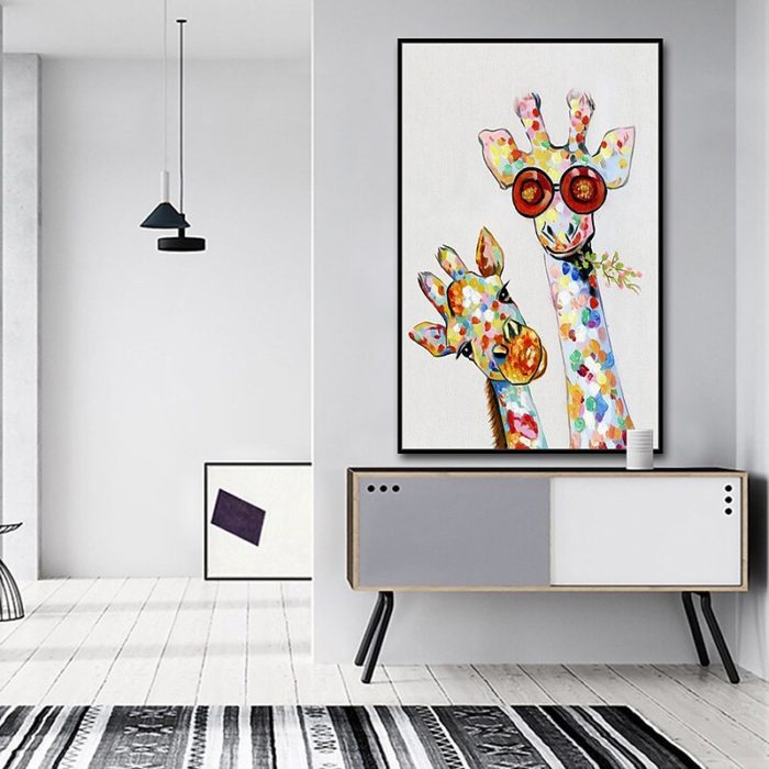 Hand Painted Modern Oil Painting Two Giraffe Eating Grass Wall Art - Image 6