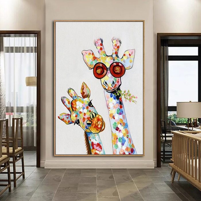 Hand Painted Modern Oil Painting Two Giraffe Eating Grass Wall Art