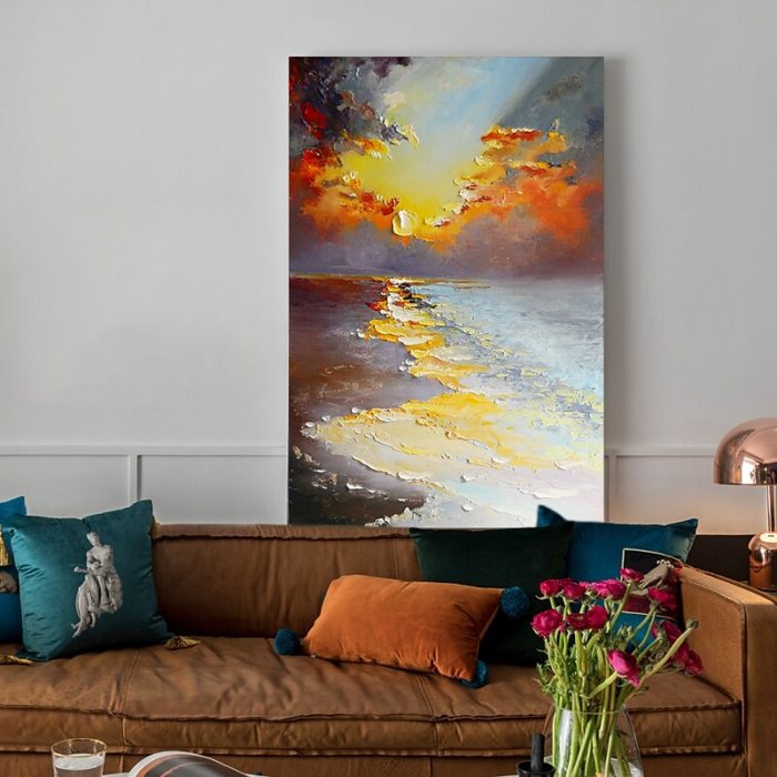 Hand Painted Sunrise Reflection In Sea Landscape Oil Painting - Image 5