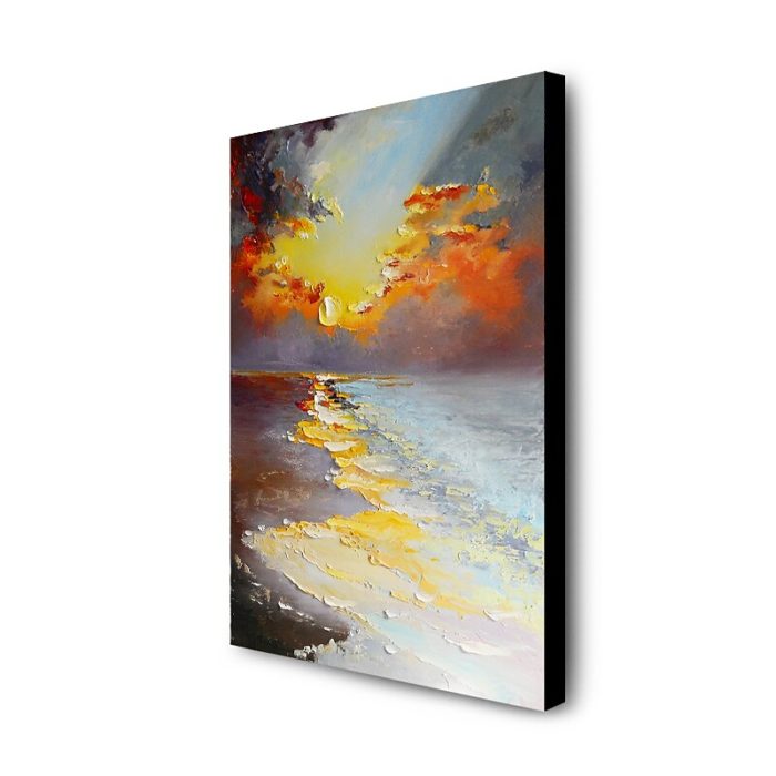 Hand Painted Sunrise Reflection In Sea Landscape Oil Painting - Image 4
