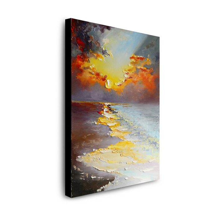 Hand Painted Sunrise Reflection In Sea Landscape Oil Painting - Image 3