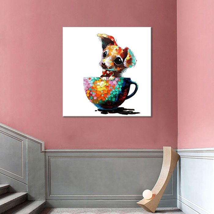 Hand Painted Teacup Puppy Oil Painting Decorations For Stair