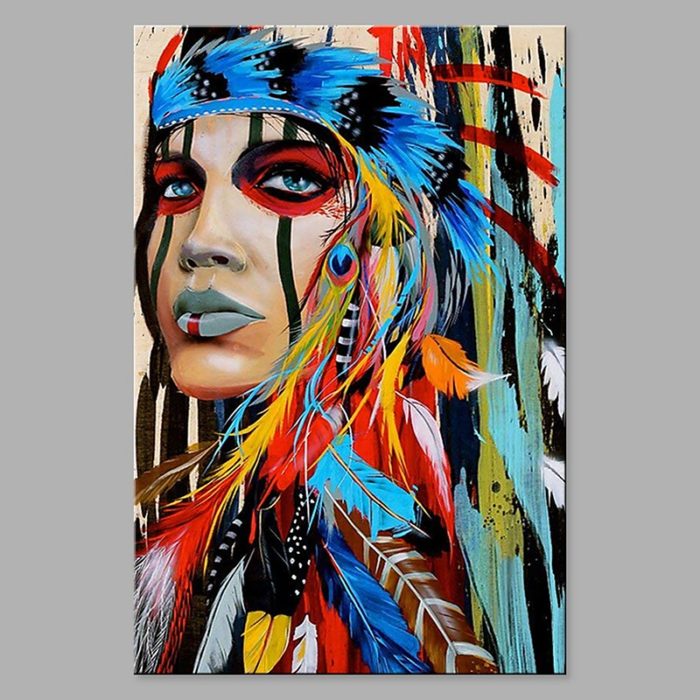 Indian Tribes Canvas Wall Art Decor Woman Portrait Painting - Image 2