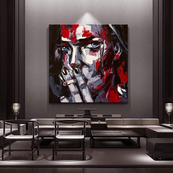 Lady and Cigarette Wall Art Decor Handmade Figures Square Painting