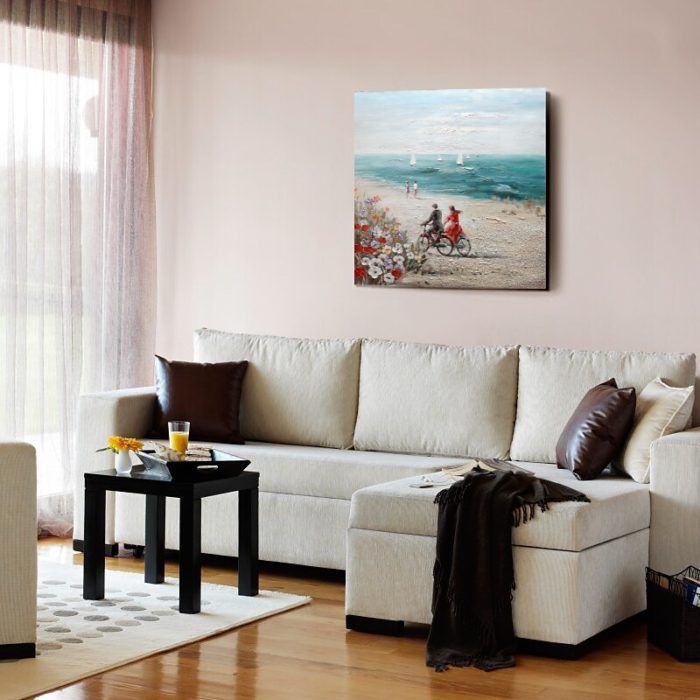 Lovers Ride On Bicycle On Seaside Oil Painting Hang Up Above Sofa - Image 7