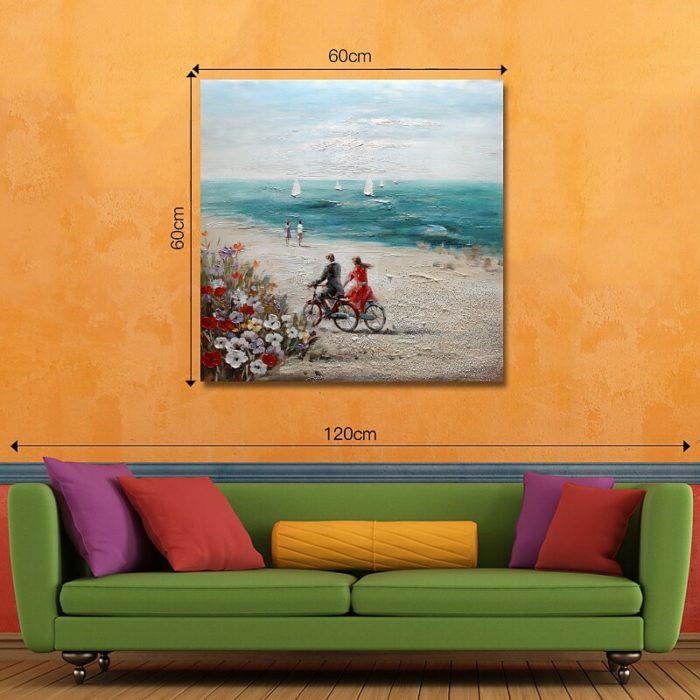 Lovers Ride On Bicycle On Seaside Oil Painting Hang Up Above Sofa - Image 5