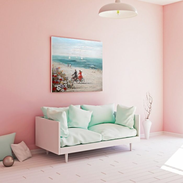 Lovers Ride On Bicycle On Seaside Oil Painting Hang Up Above Sofa - Image 6