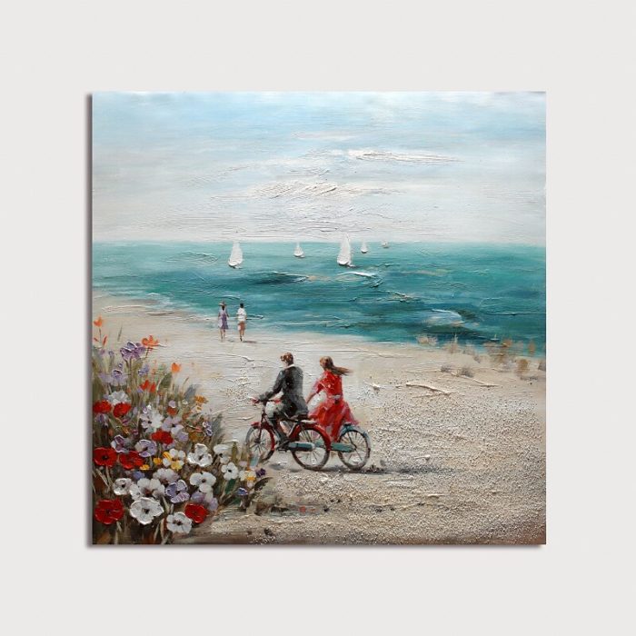 Lovers Ride On Bicycle On Seaside Oil Painting Hang Up Above Sofa - Image 2