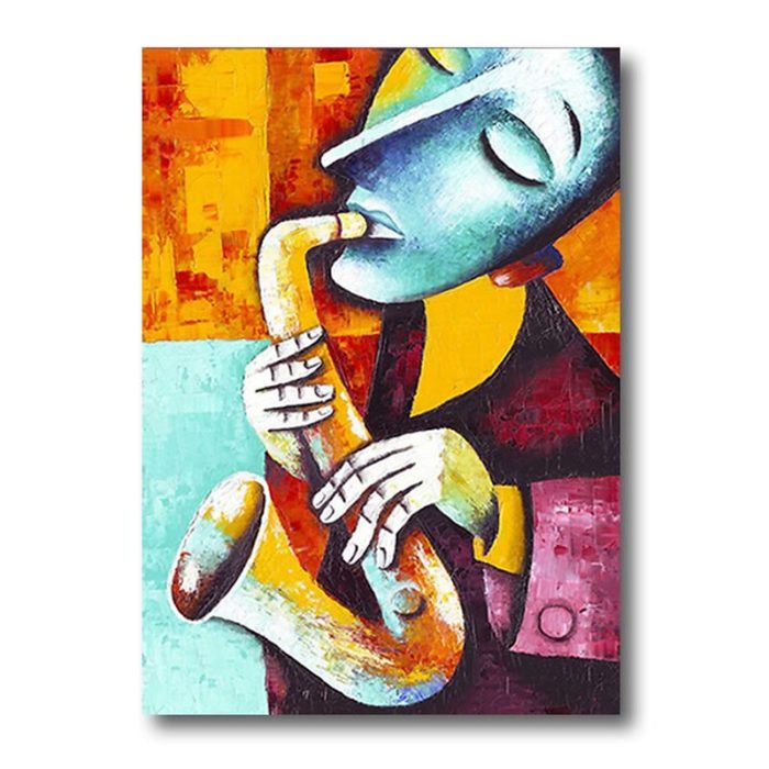 Man Plays Metal Musical Saxophone Modern Abstract Oil Painting - Image 2