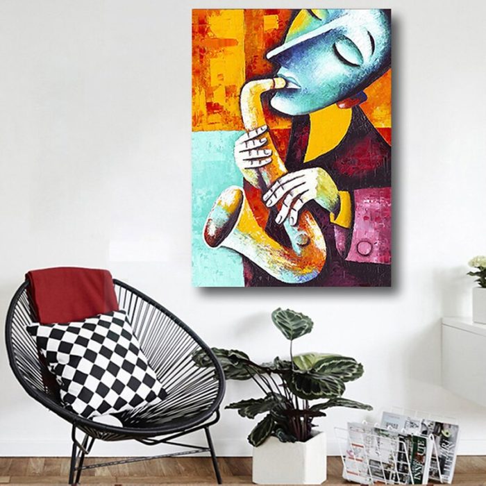Man Plays Metal Musical Saxophone Modern Abstract Oil Painting
