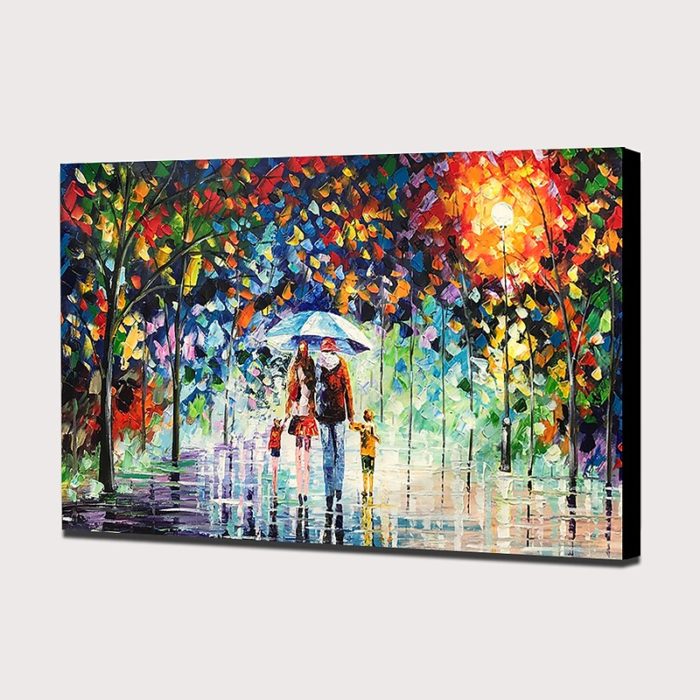 Modern A Family Of Four Painting Night Rainy Park Scenery Over Sofa - Image 4